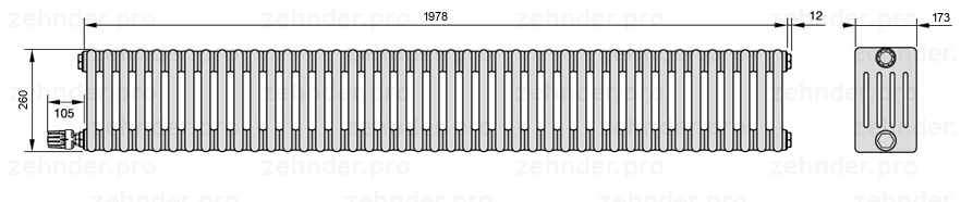 Схема (чертеж) Радиатор Zehnder Charleston 5026/43 №V003 Белый глянцевый RAL 9016